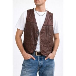 Vintage Chess King Leather Vest Brown Button Up Western Biker Grunge Waistcoat